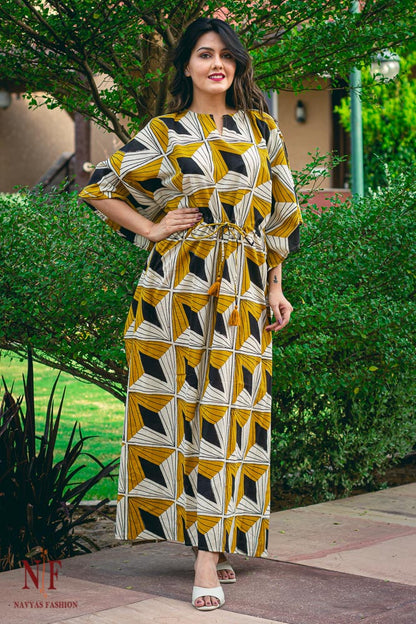 BAGRU MUSTARD BLACK KAFTAN DRESS-NVK19