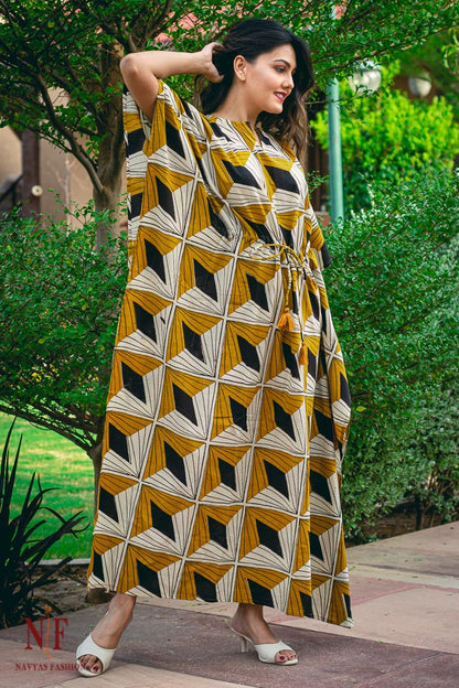BAGRU MUSTARD BLACK KAFTAN DRESS-NVK19