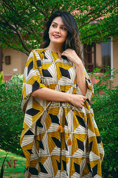 BAGRU MUSTARD BLACK KAFTAN DRESS-NVK19