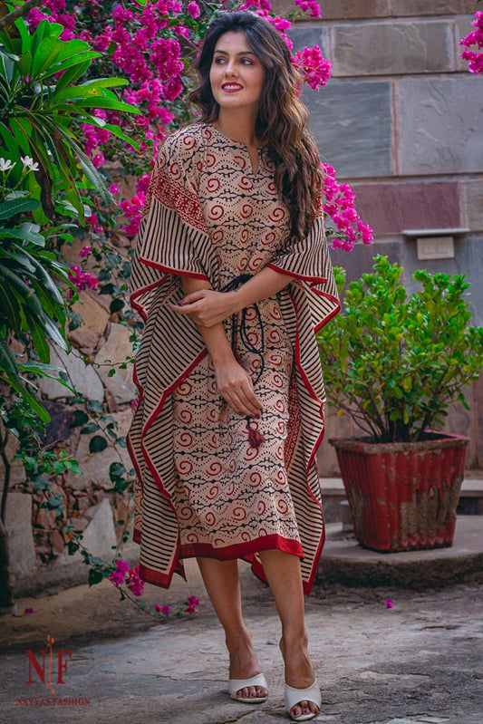 BAGRU BLOCK PRINTED COTTON KAFTAN DRESS-NVK28