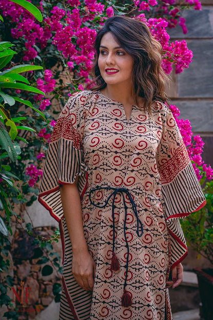 BAGRU BLOCK PRINTED COTTON KAFTAN DRESS-NVK28