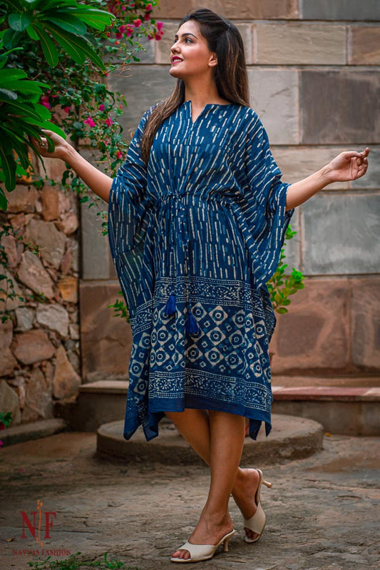 INDIGO BLOCK PRINTED COTTON KAFTAN DRESS-NVK34