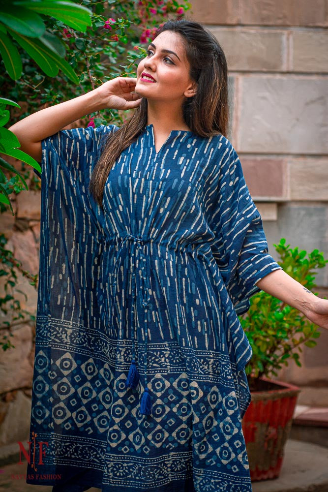 INDIGO BLOCK PRINTED COTTON KAFTAN DRESS-NVK34