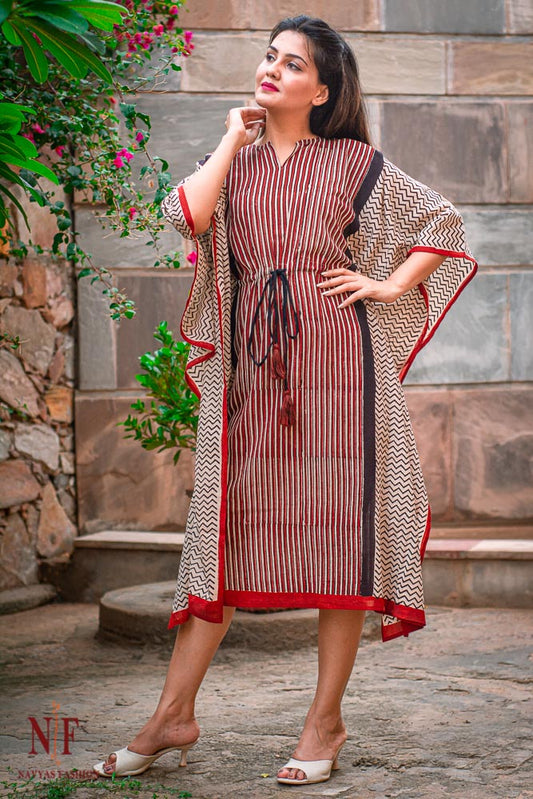 BAGRU BLOCK PRINTED COTTON KAFTAN DRESS-NVK29