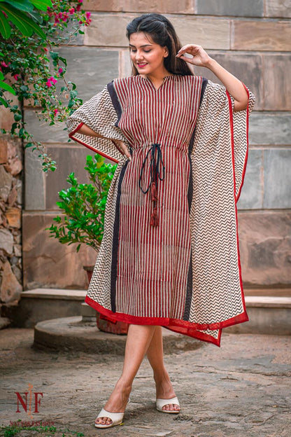 BAGRU BLOCK PRINTED COTTON KAFTAN DRESS-NVK29