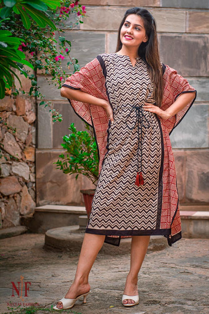 BAGRU BLOCK PRINTED COTTON KAFTAN DRESS-NVK30