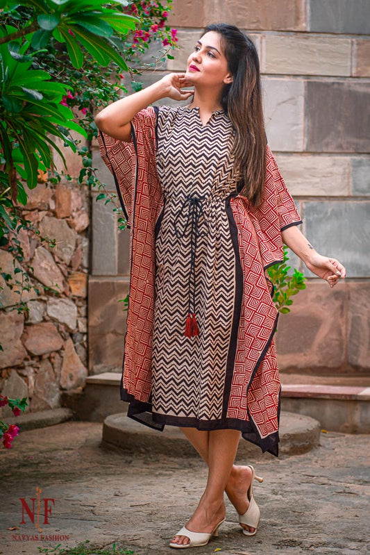 BAGRU BLOCK PRINTED COTTON KAFTAN DRESS-NVK30