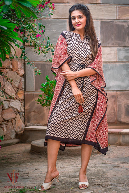 BAGRU BLOCK PRINTED COTTON KAFTAN DRESS-NVK30