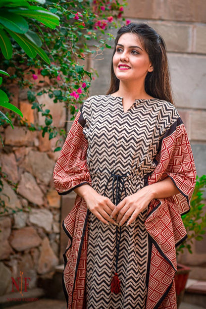 BAGRU BLOCK PRINTED COTTON KAFTAN DRESS-NVK30
