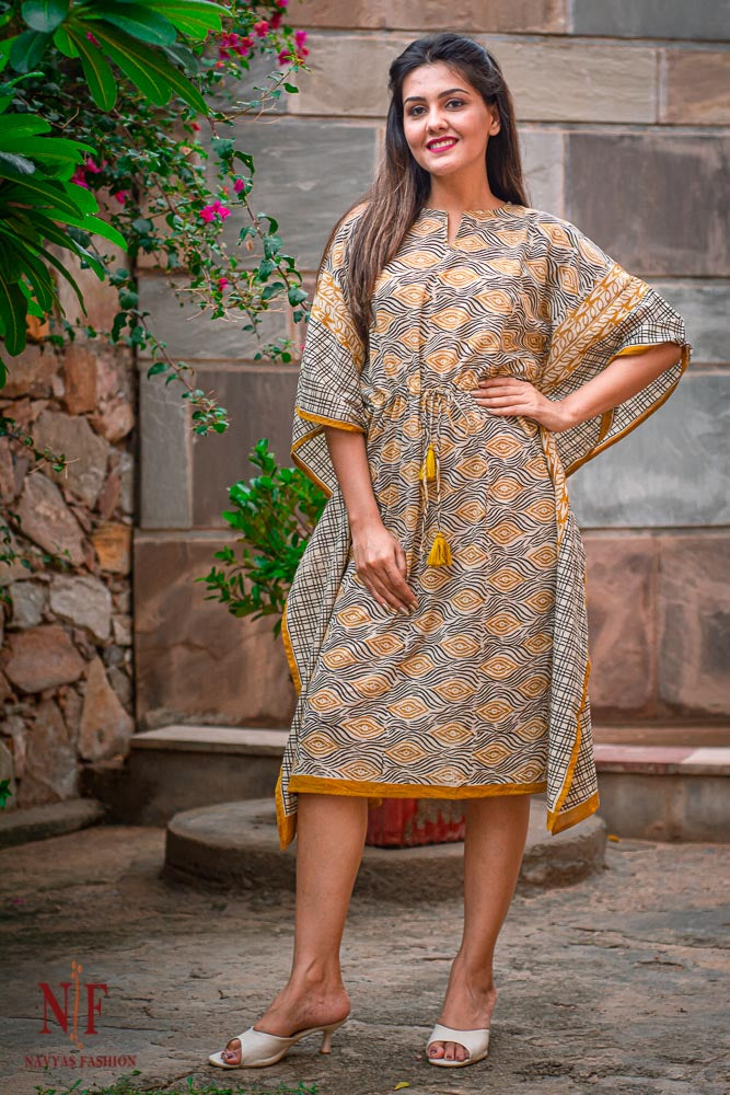 MUSTARD BAGRU BLOCK PRINTED COTTON KAFTAN DRESS-NVK31