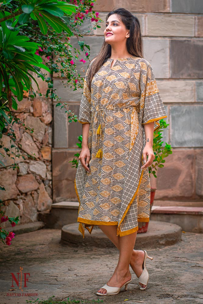 MUSTARD BAGRU BLOCK PRINTED COTTON KAFTAN DRESS-NVK31