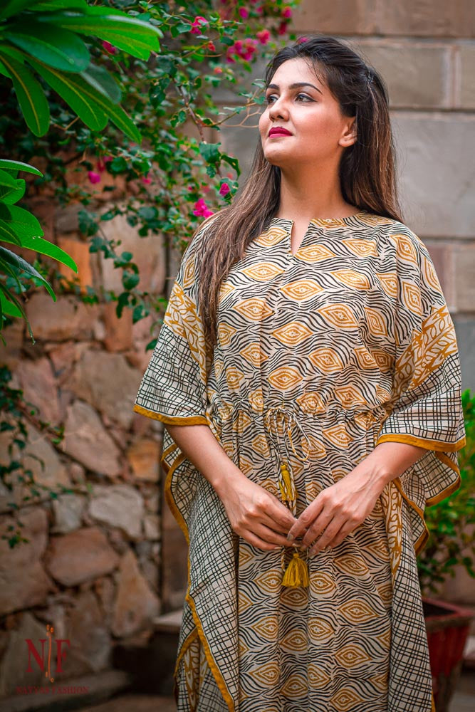 MUSTARD BAGRU BLOCK PRINTED COTTON KAFTAN DRESS-NVK31