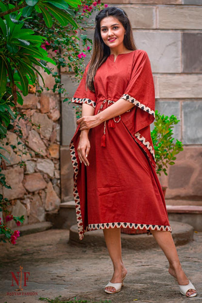 PLAIN RED MULMUL KAFTAN DRESS-NVK47