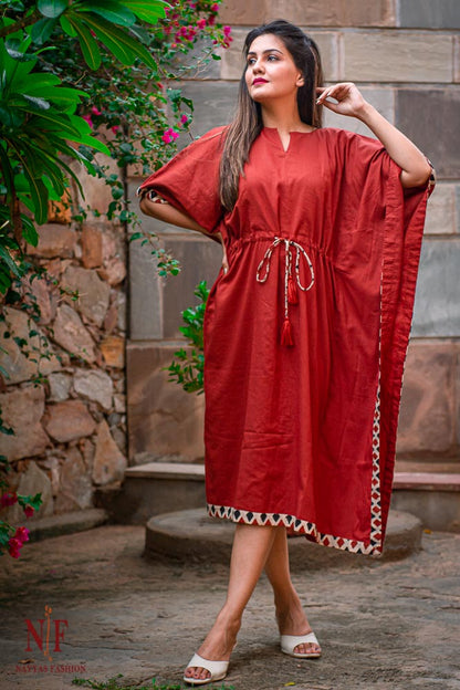 PLAIN RED MULMUL KAFTAN DRESS-NVK47