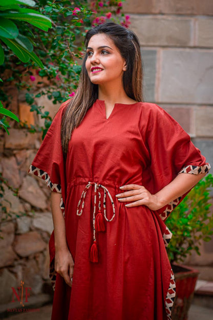 PLAIN RED MULMUL KAFTAN DRESS-NVK47