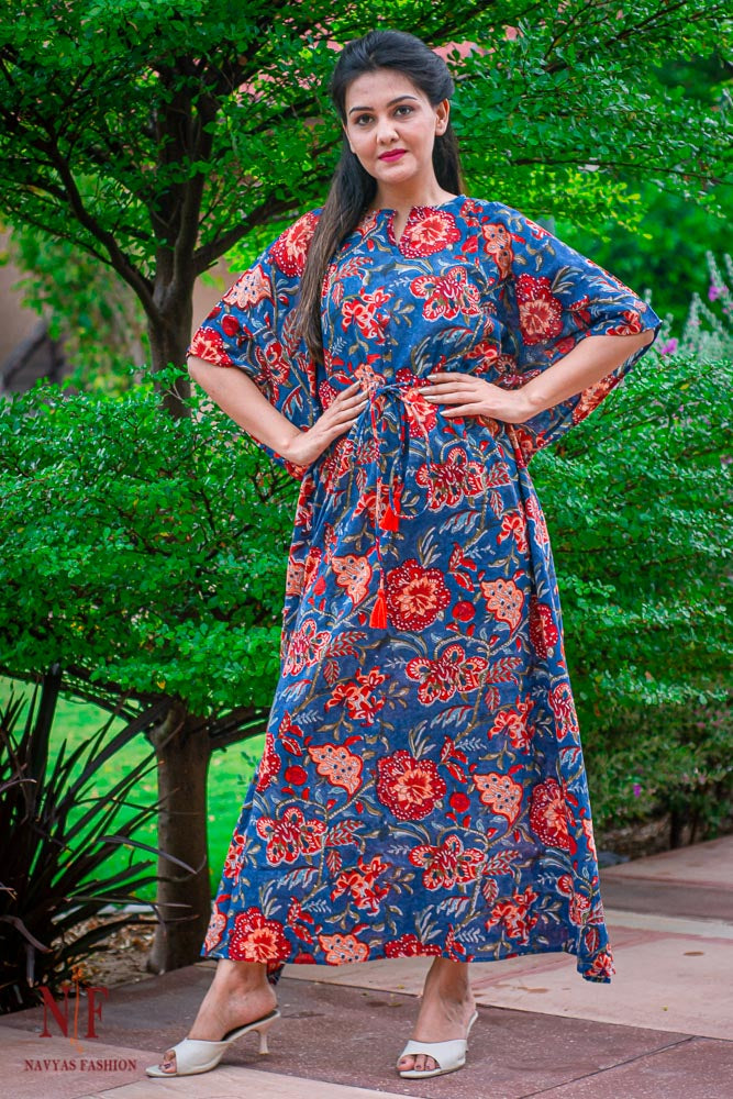 BLUE FLORAL MULMUL KAFTAN DRESS-NVK68