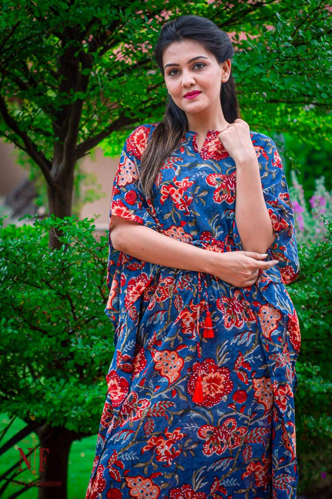 BLUE FLORAL MULMUL KAFTAN DRESS-NVK68