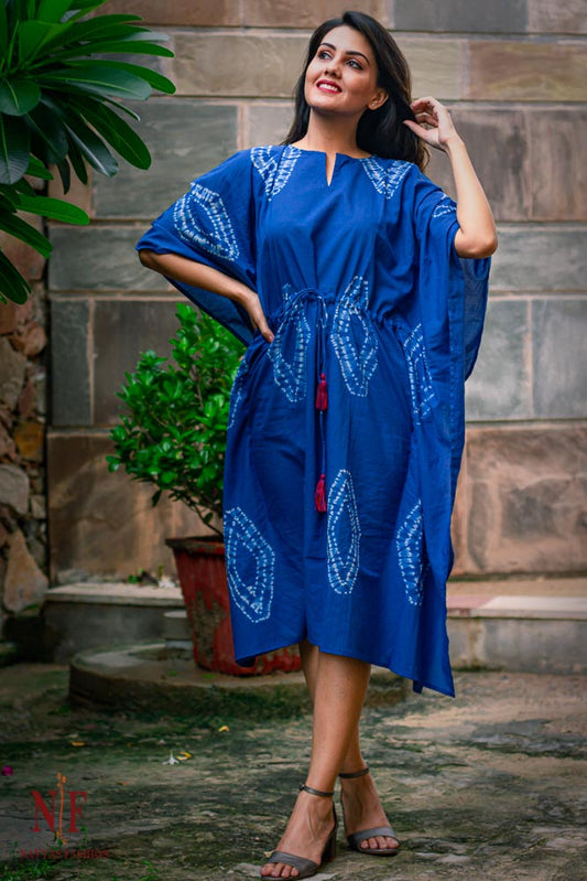 SHIBORI BLUE COTTON KAFTAN DRESS-NVK82