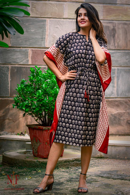 BAGRU BLACK COTTON KAFTAN DRESS-NVK89