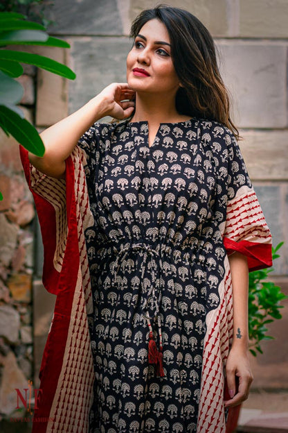 BAGRU BLACK COTTON KAFTAN DRESS-NVK89