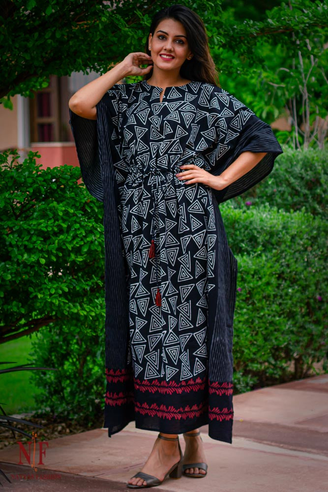 BLACK AND WHITE COTTON KAFTAN DRESS-NVK97