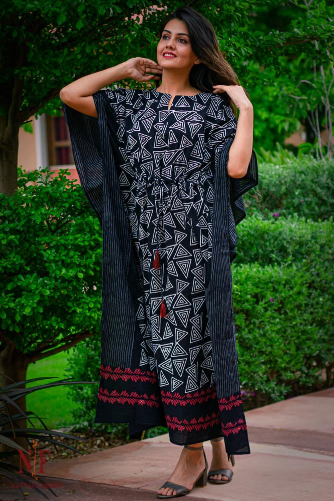 BLACK AND WHITE COTTON KAFTAN DRESS-NVK97