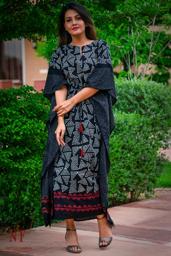 BLACK AND WHITE COTTON KAFTAN DRESS-NVK97