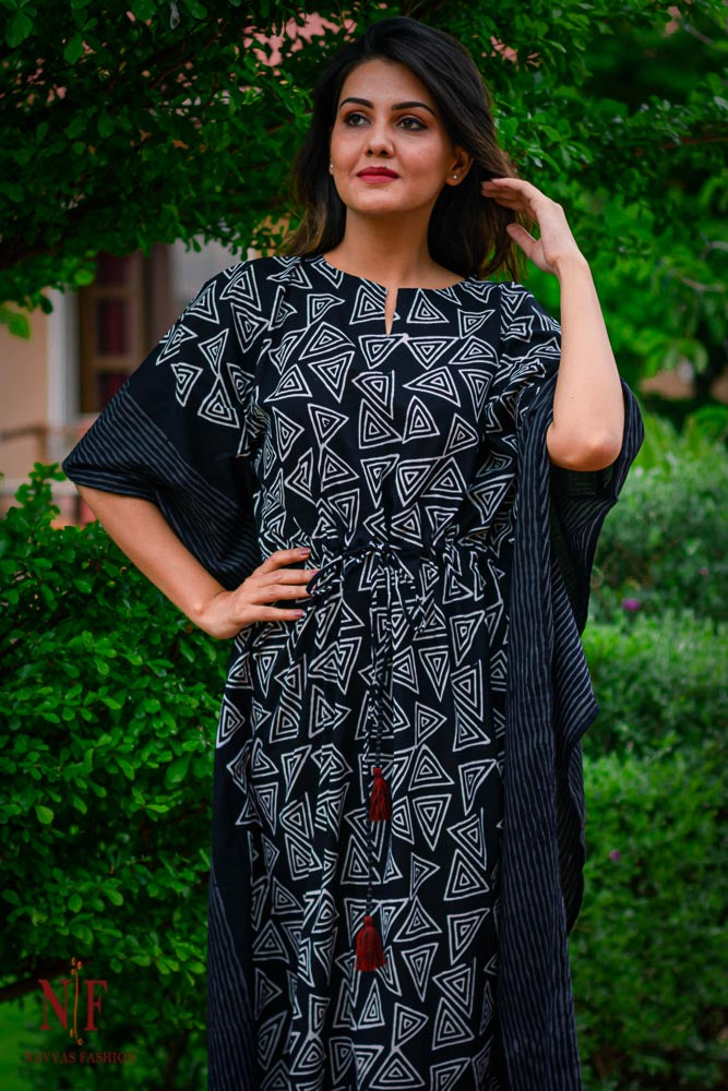 BLACK AND WHITE COTTON KAFTAN DRESS-NVK97