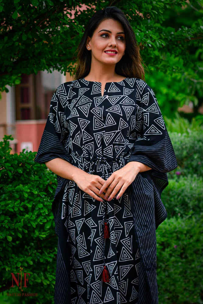 BLACK AND WHITE COTTON KAFTAN DRESS-NVK97