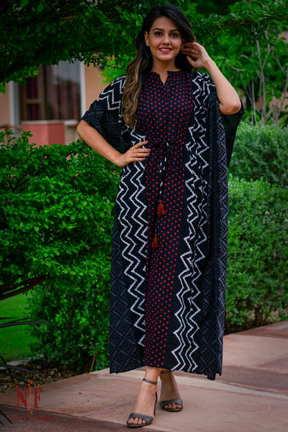RED DOT POLKA PRINTED COTTON KAFTAN-NVK99