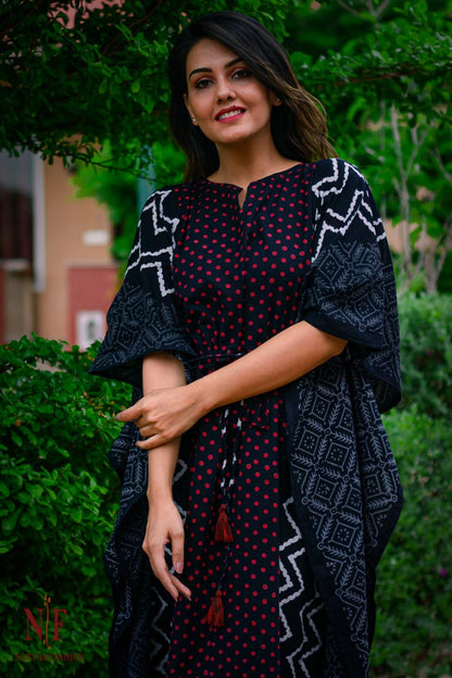 RED DOT POLKA PRINTED COTTON KAFTAN-NVK99