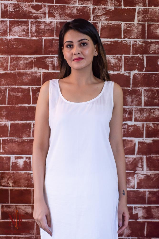 WHITE MULMUL COTTON SLIP WITH SLIT-NVWC01