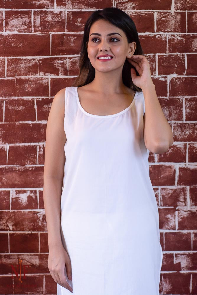 WHITE MULMUL COTTON SLIP WITH SLIT-NVWC01