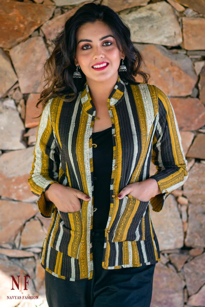 Mustard Bagru Hand Block Printed Reversible Cotton Quilted Jacket- NVQJ179 SALE