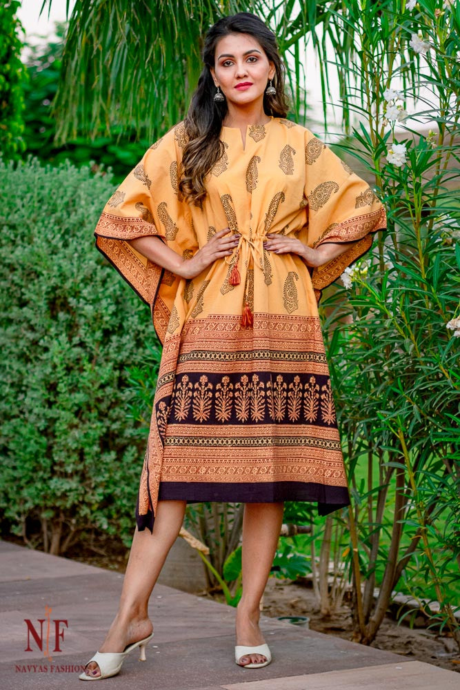 SANDY BROWN BAGH BLOCK PRINT COTTON KAFTAN DRESS-NVK111