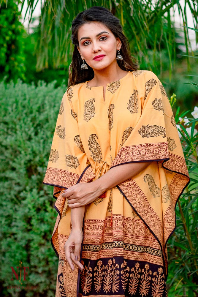 SANDY BROWN BAGH BLOCK PRINT COTTON KAFTAN DRESS-NVK111