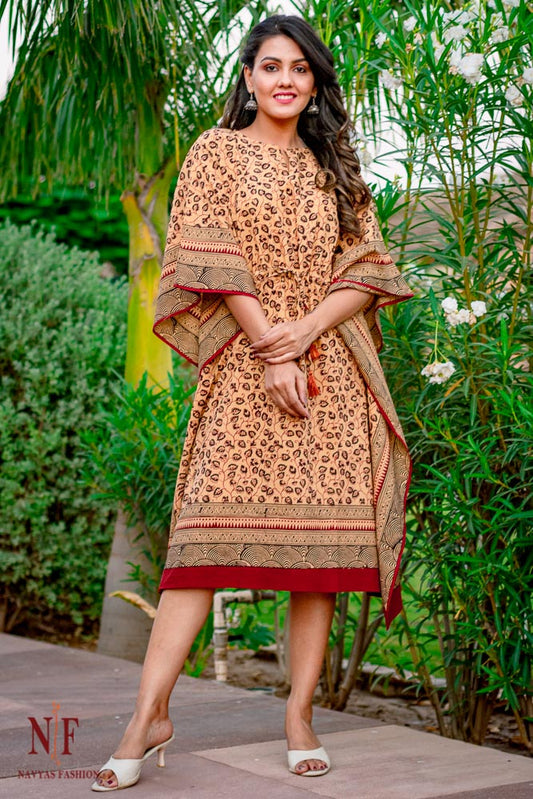 SANDY BROWN BAGH BLOCK PRINT COTTON KAFTAN DRESS-NVK113