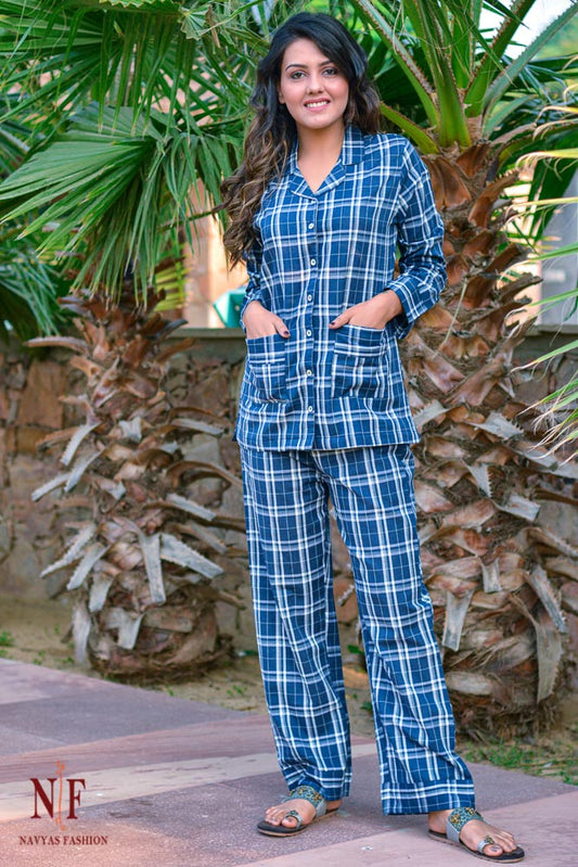 BLUE WHITE CHECKS COTTON NIGHT SUIT-NS62