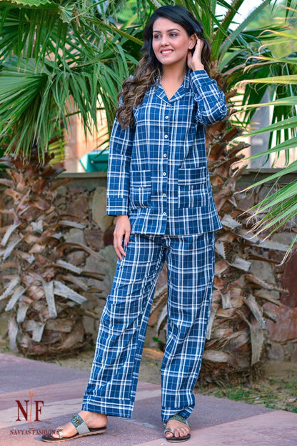 BLUE WHITE CHECKS COTTON NIGHT SUIT-NS62