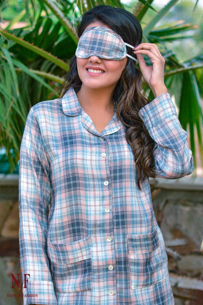 GREY PEACH CHECKS COTTON MODAL NIGHT SUIT-NS59