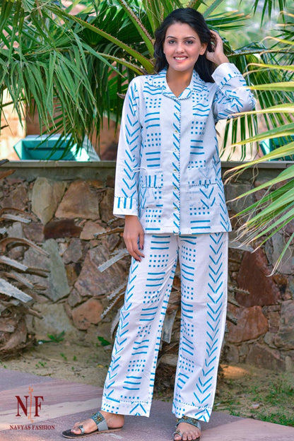 TURQUOISE GEOMETRY COTTON NIGHT SUIT-NS53