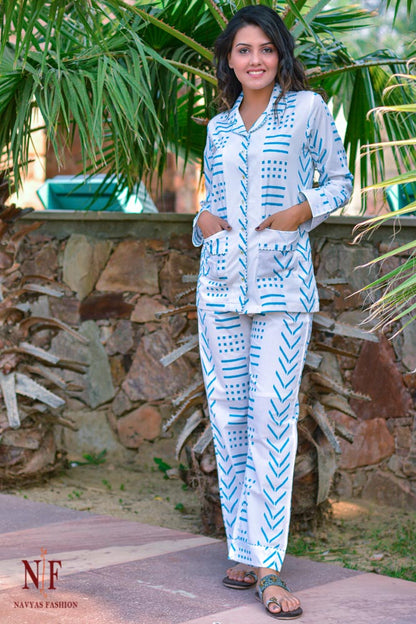 TURQUOISE GEOMETRY COTTON NIGHT SUIT-NS53