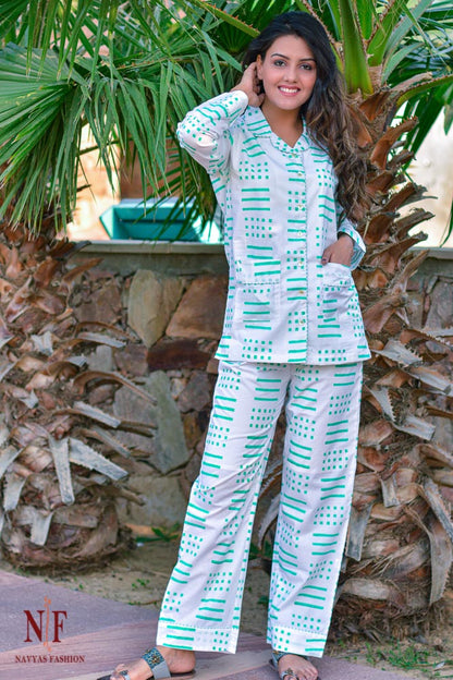 SPRING GREEN GEOMETRY COTTON NIGHT SUIT-NS55