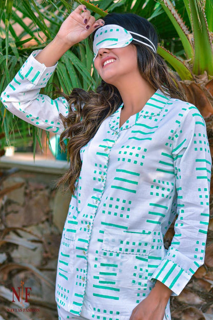 SPRING GREEN GEOMETRY COTTON NIGHT SUIT-NS55