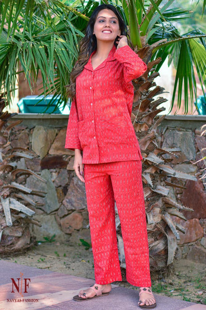 RED IKAT COTTON NIGHT SUIT-NS52