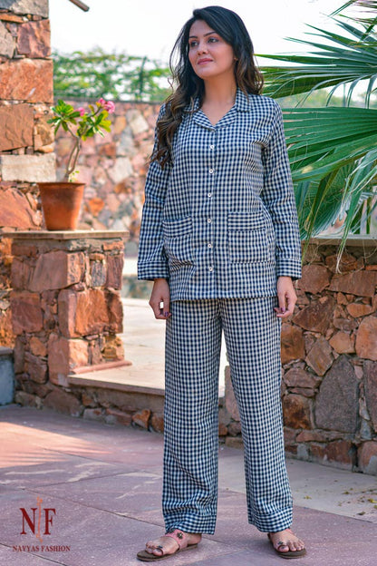 BLUE SMALL CHECKS COTTON NIGHT SUIT-NS61
