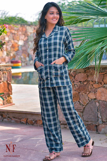 BLUE GREEN CHECKS COTTON NIGHT SUIT-NS60