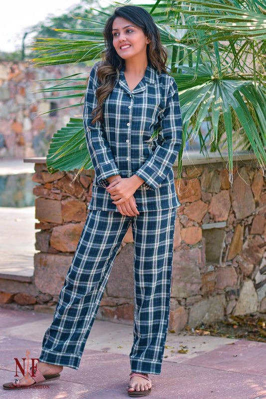 BLUE GREEN CHECKS COTTON NIGHT SUIT-NS60