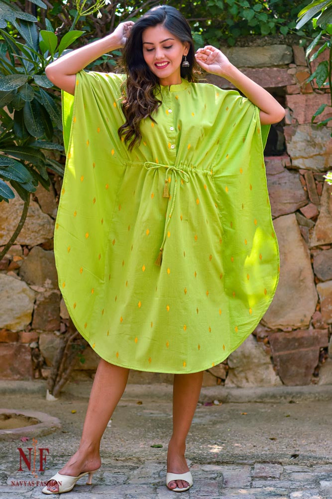 NEON GREEN ZARI BUTA COTTON KAFTAN-NVK135