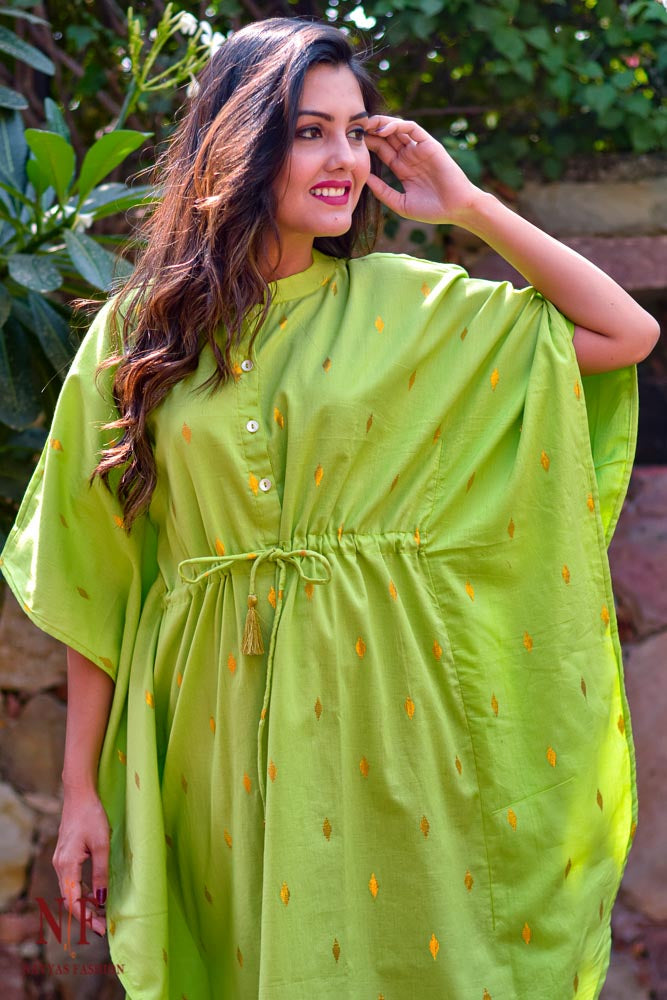 NEON GREEN ZARI BUTA COTTON KAFTAN-NVK135